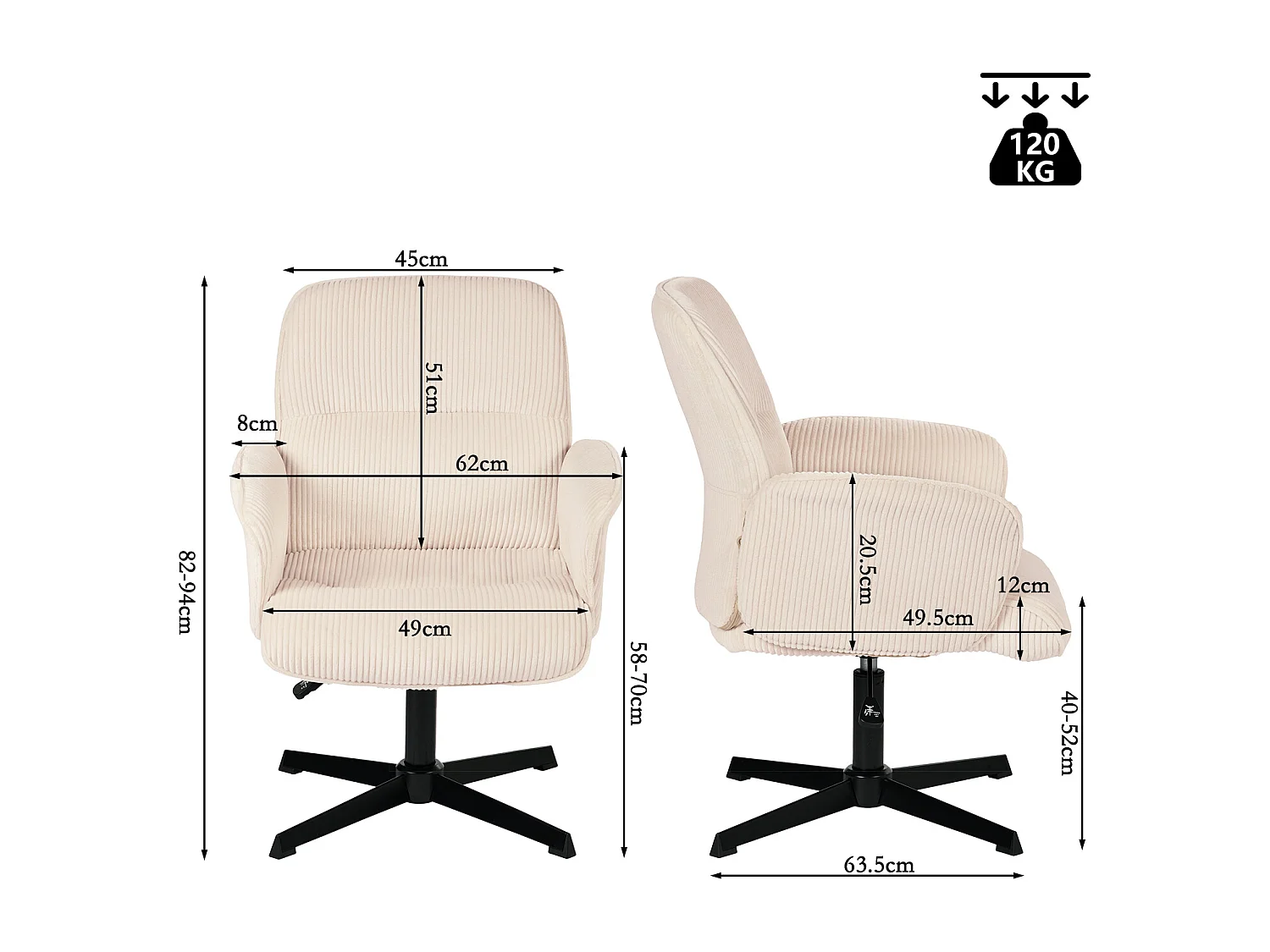 Fauteuil de bureau pivotant réglable en velours côtelé avec accoudoirs et base en métal noir, THOMASINACORDO