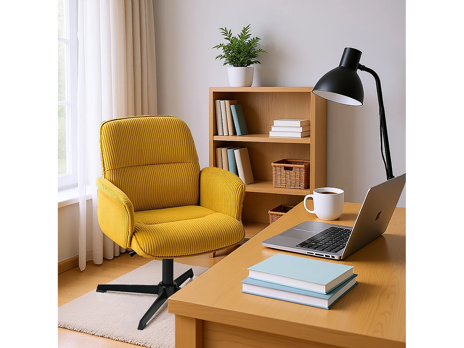 Fauteuil de bureau pivotant réglable en velours côtelé avec accoudoirs et base en métal noir, THOMASINACORDO