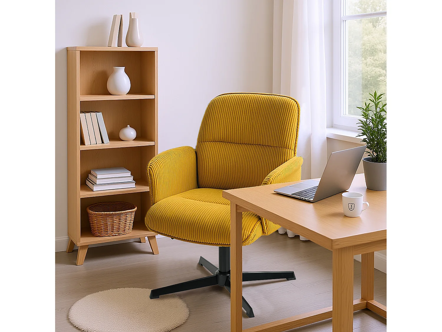 Fauteuil de bureau pivotant réglable en velours côtelé avec accoudoirs et base en métal noir, THOMASINACORDO