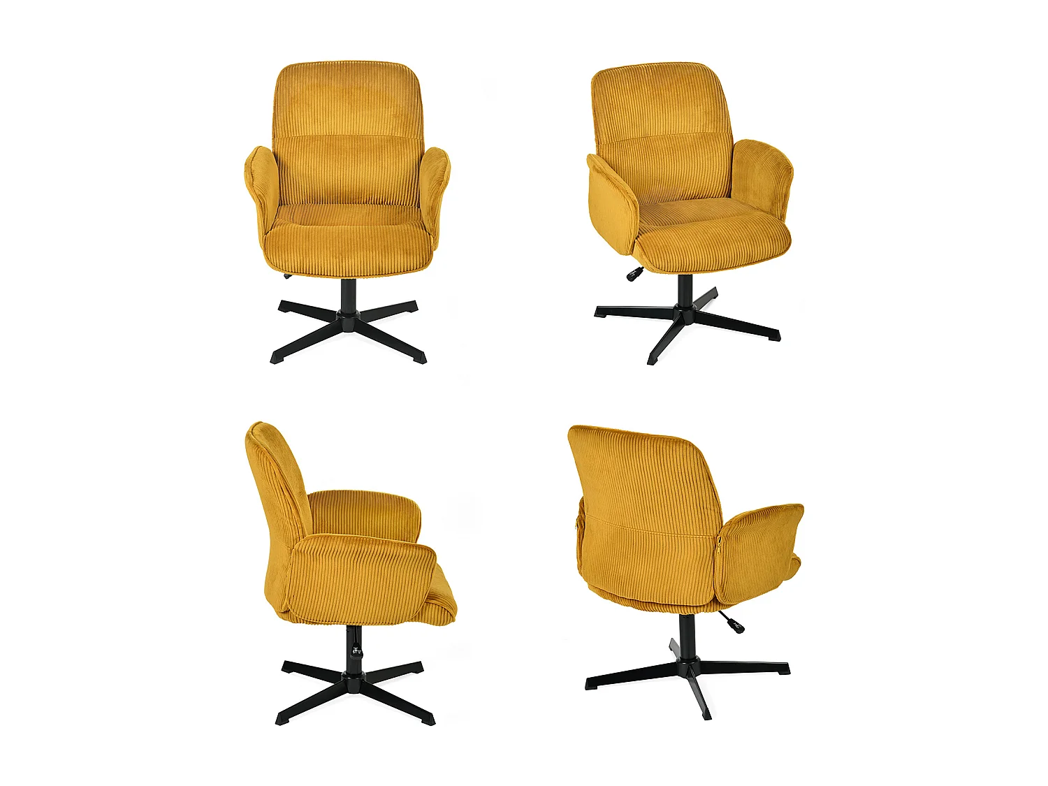 Fauteuil de bureau pivotant réglable en velours côtelé avec accoudoirs et base en métal noir, THOMASINACORDO