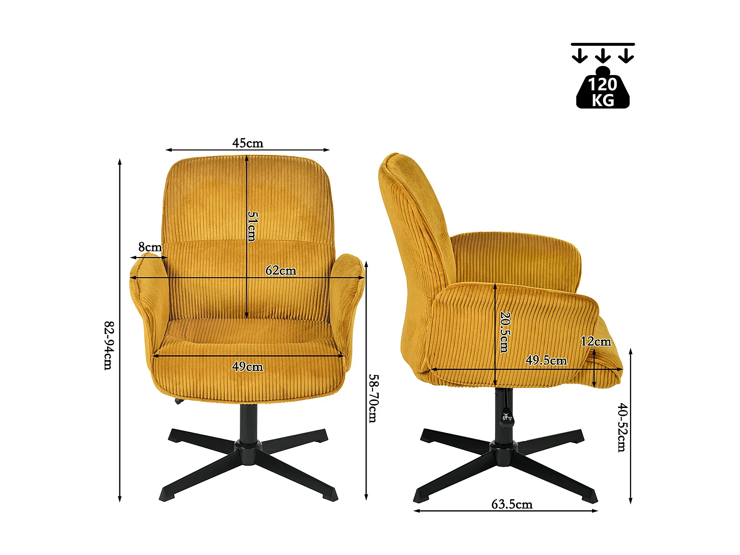 Fauteuil de bureau pivotant réglable en velours côtelé avec accoudoirs et base en métal noir, THOMASINACORDO