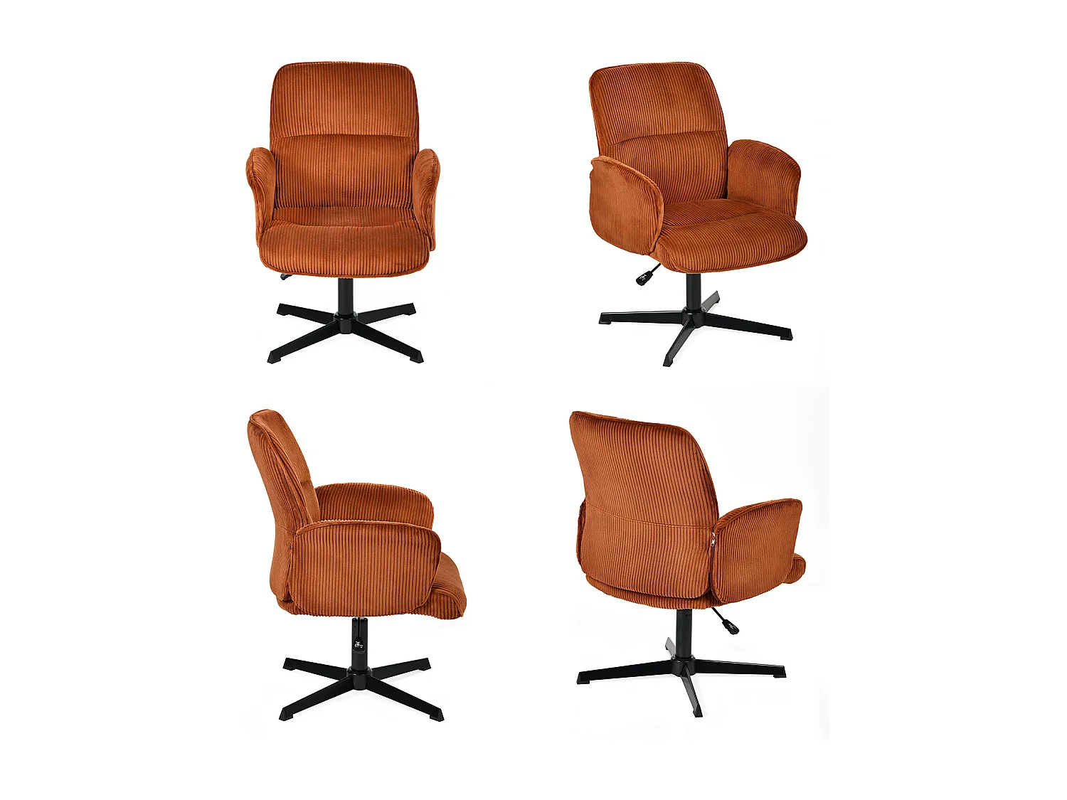 Fauteuil de bureau pivotant réglable en velours côtelé avec accoudoirs et base en métal noir, THOMASINACORDO