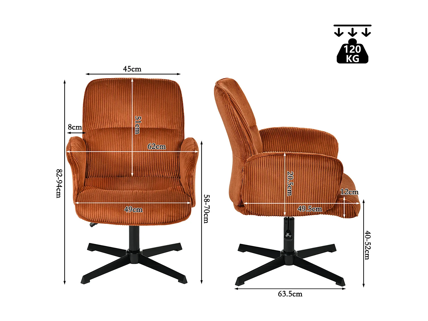 Fauteuil de bureau pivotant réglable en velours côtelé avec accoudoirs et base en métal noir, THOMASINACORDO