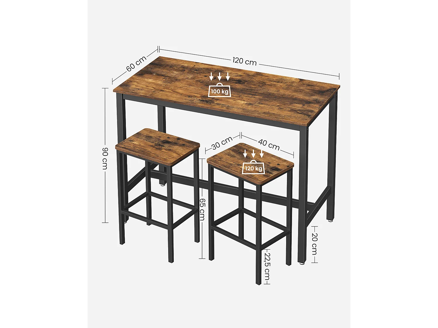 Conjunto de mesa alta 120x60x90 cm marrón rústico alinru