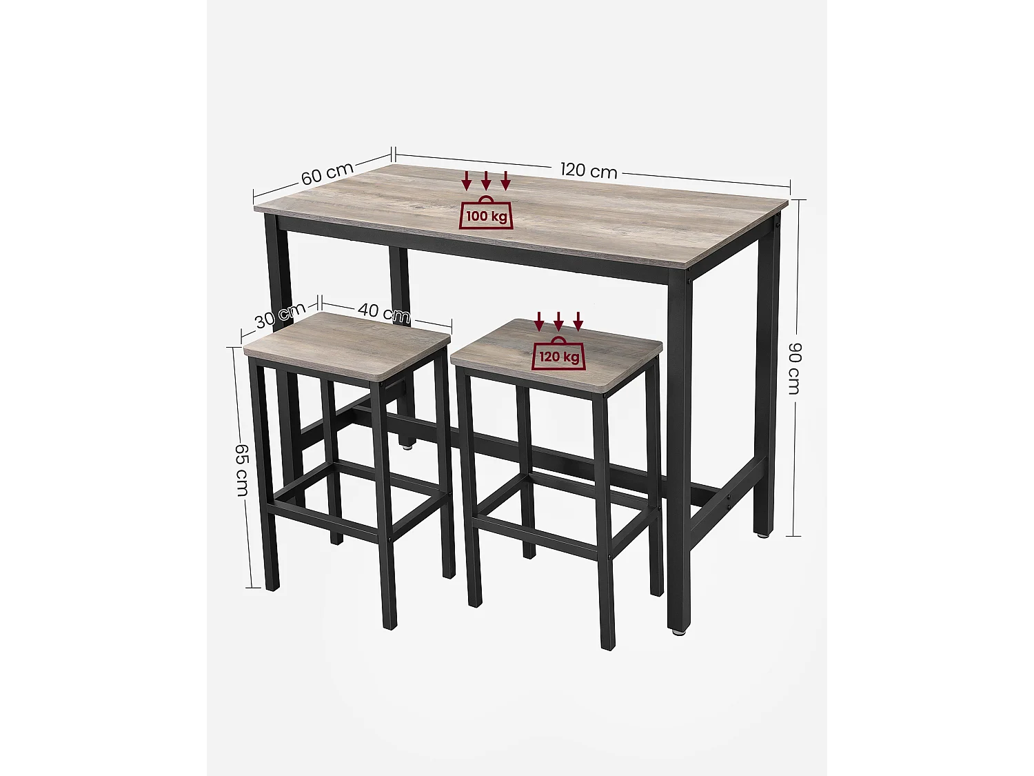 Ensemble table haute 120x60x90 cm beige noir