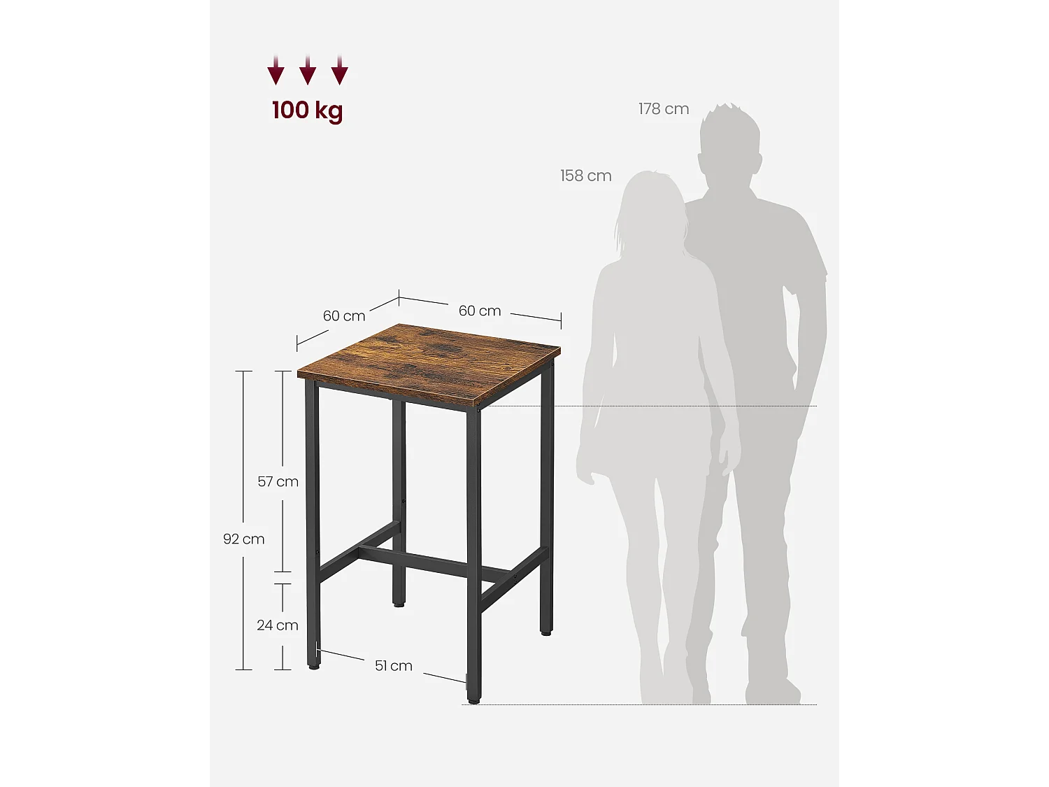 Mesa alta 60x60x90 cm negro marrón rústico