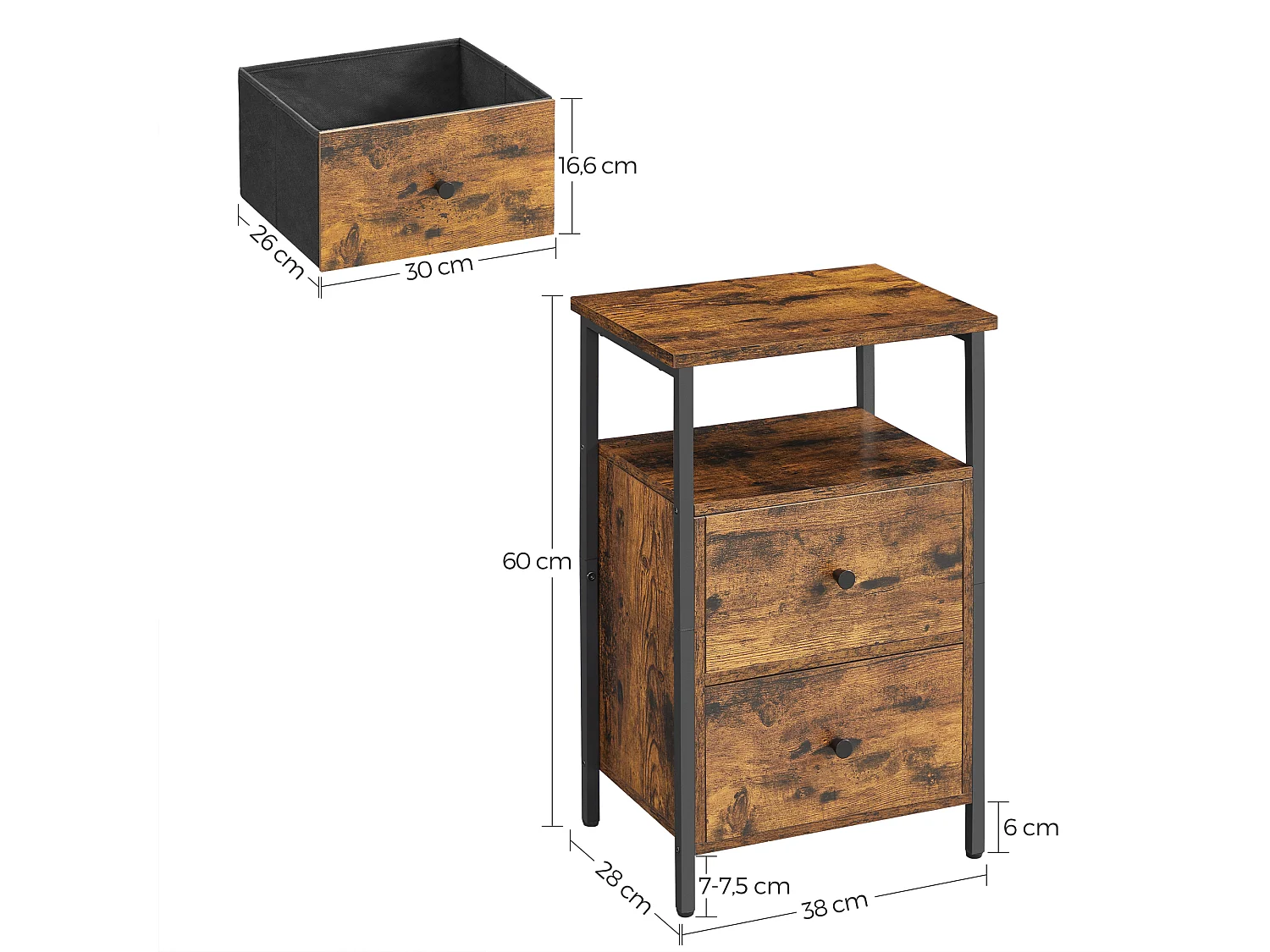 Table de chevet 38x28x60 cm noir rétro