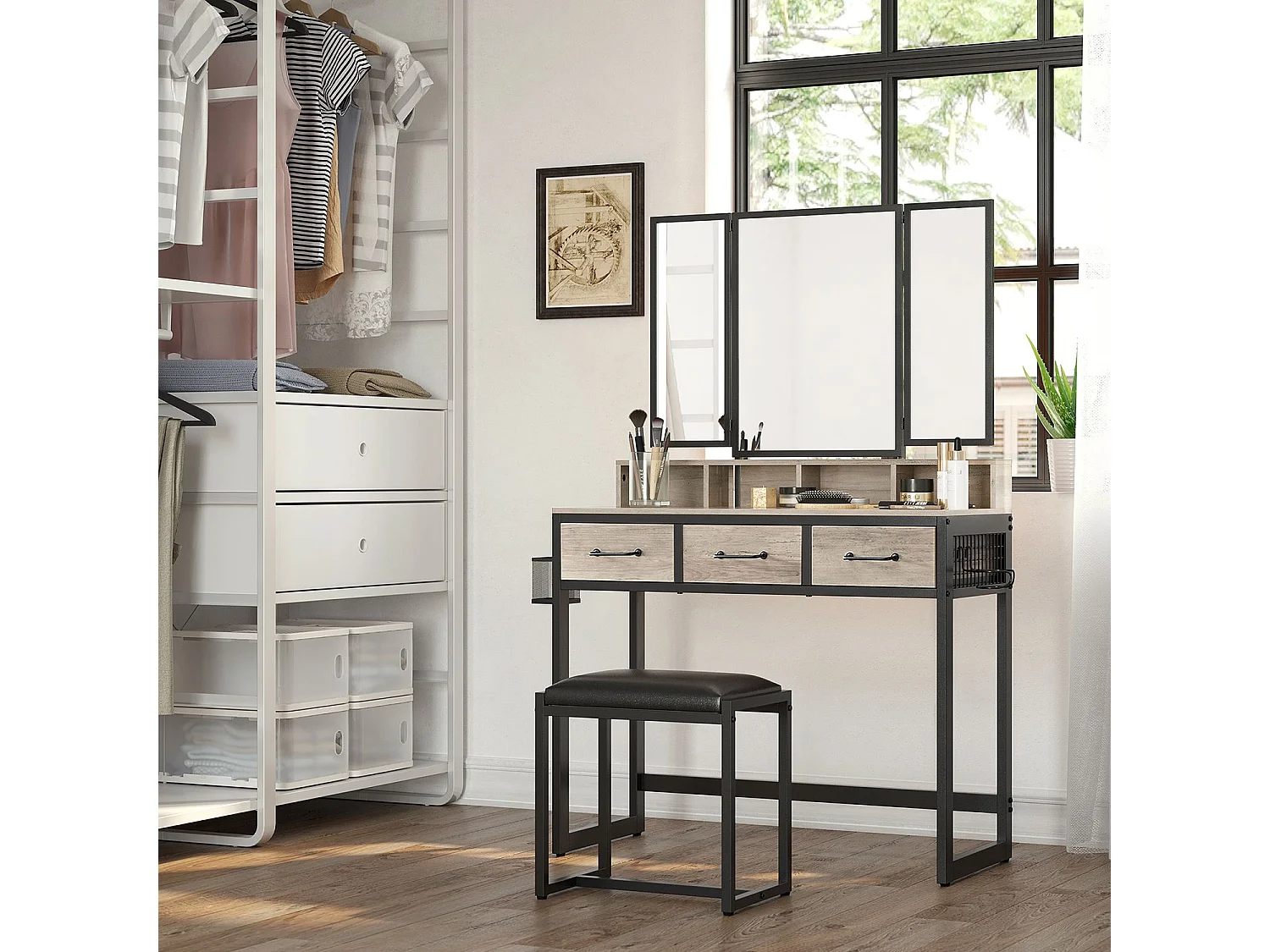 Schminktisch 90x40x140,8 cm schwarz und helles Elfenbein