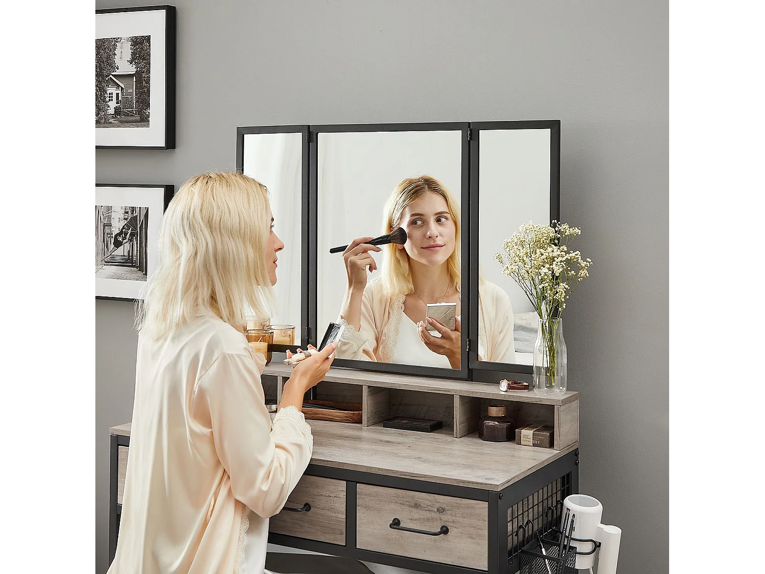 Schminktisch 90x40x140,8 cm schwarz und helles Elfenbein