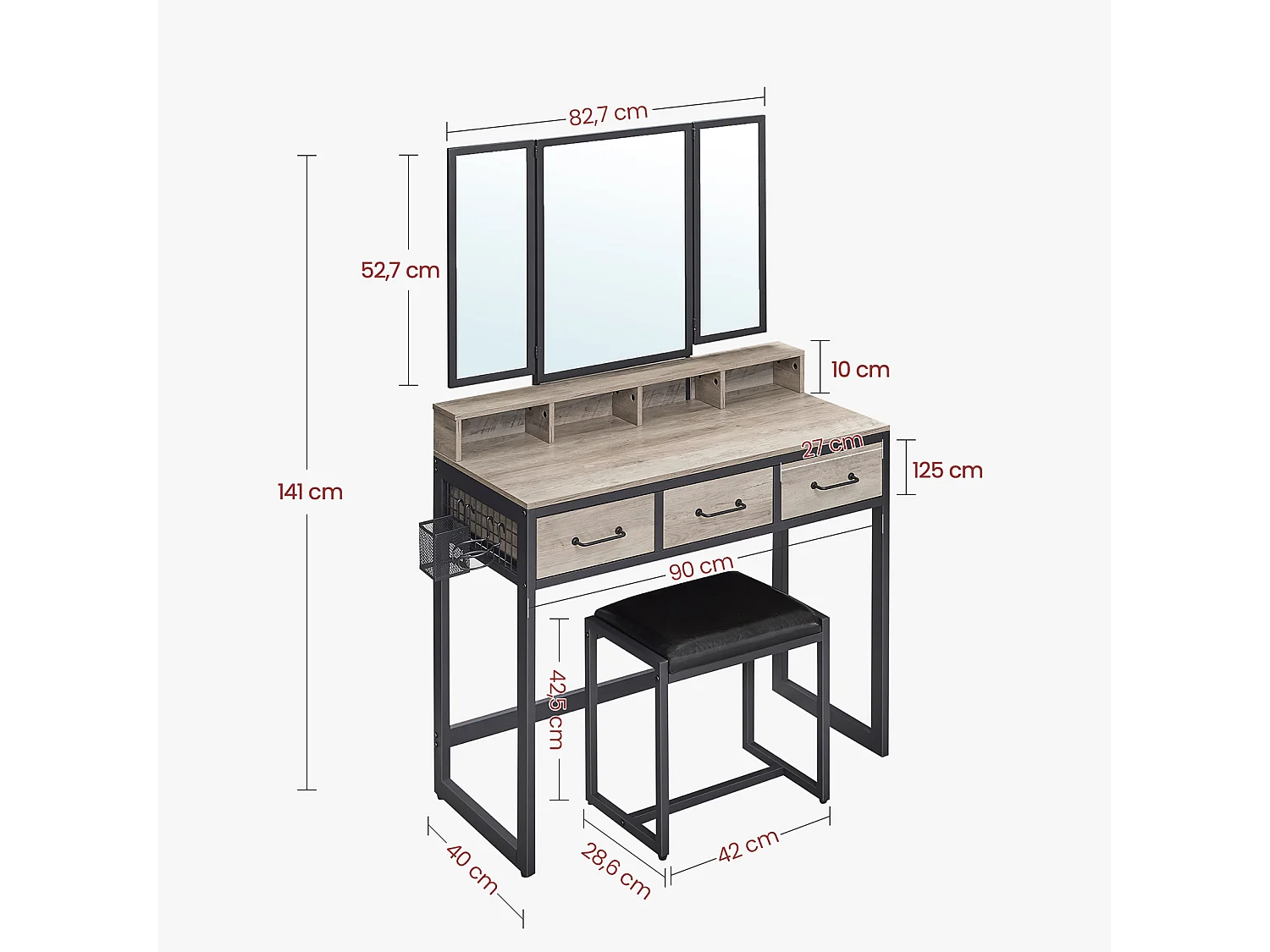 Schminktisch 90x40x140,8 cm schwarz und helles Elfenbein