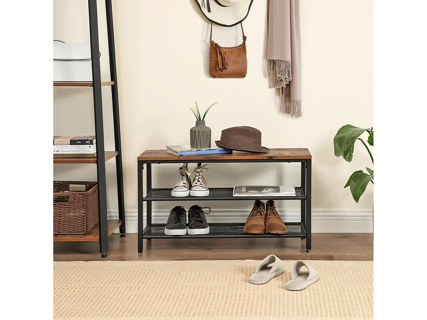 Banc à chaussures 80x30x44,5 cm marron noir Indestic