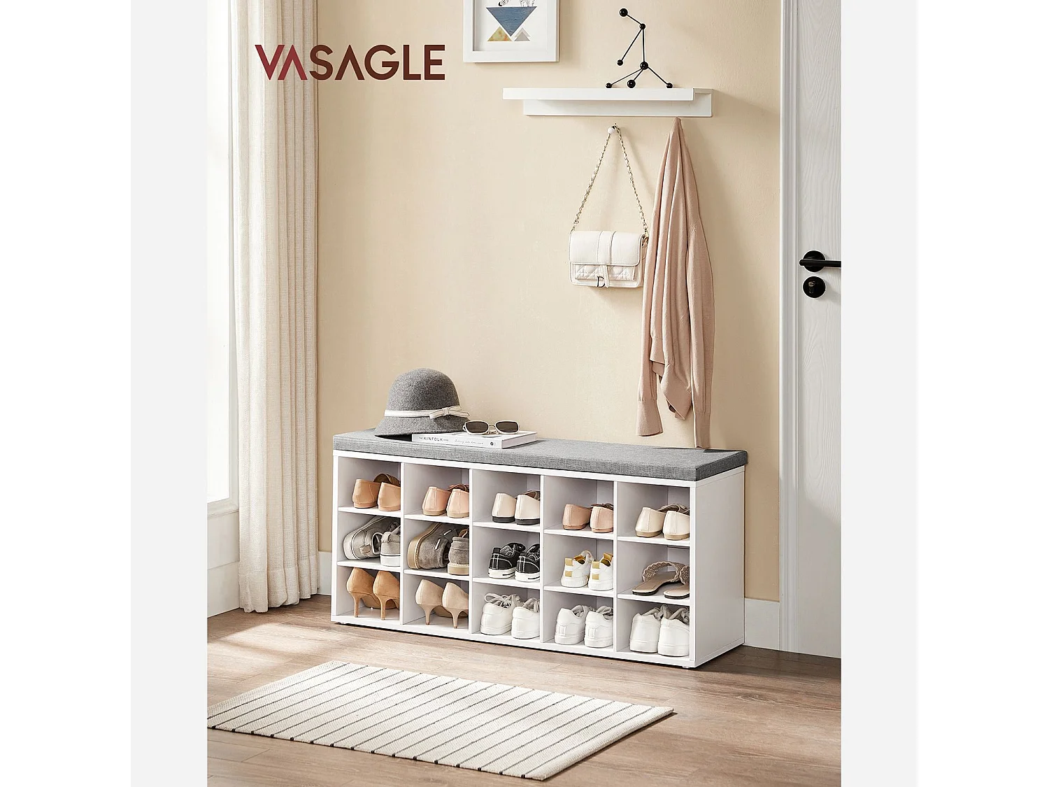 Ławka na buty 105x30x48 cm biała, szara poduszka