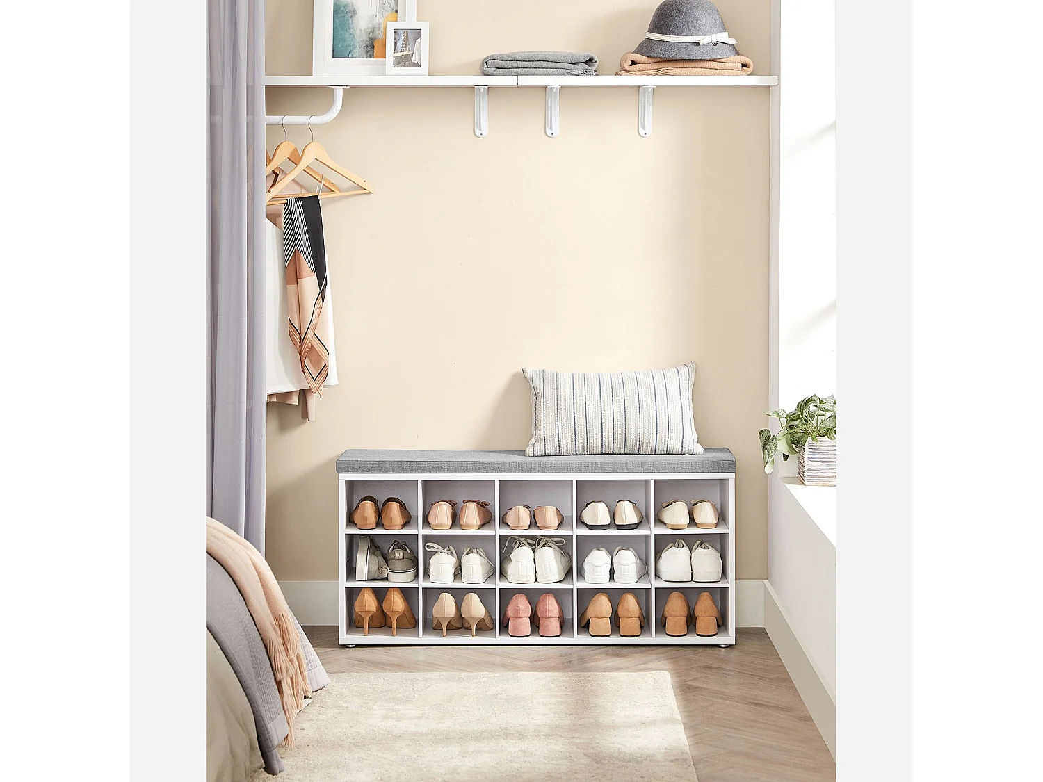 Ławka na buty 105x30x48 cm biała, szara poduszka