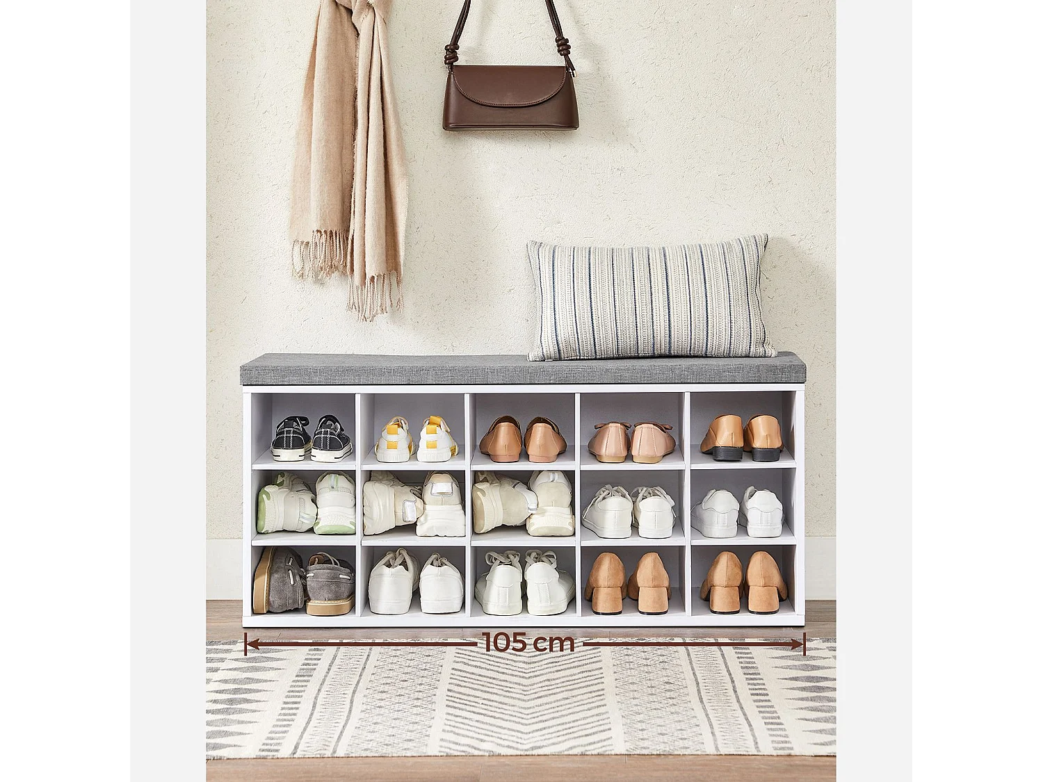 Ławka na buty 105x30x48 cm biała, szara poduszka