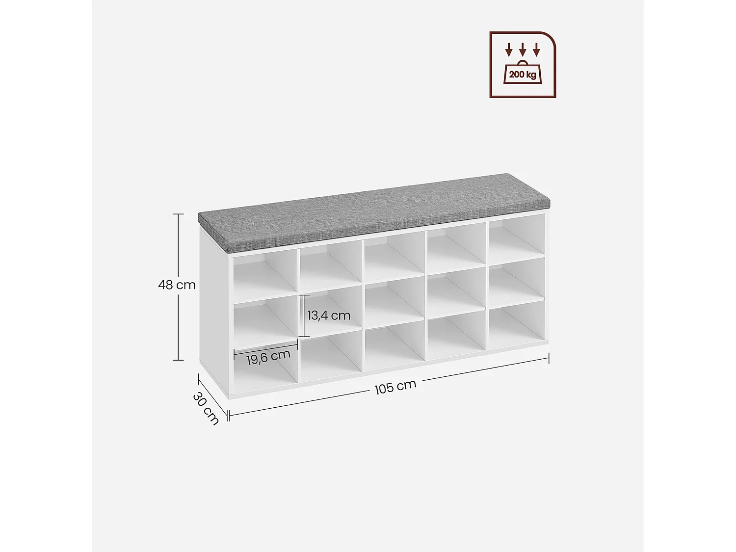 Ławka na buty 105x30x48 cm biała, szara poduszka