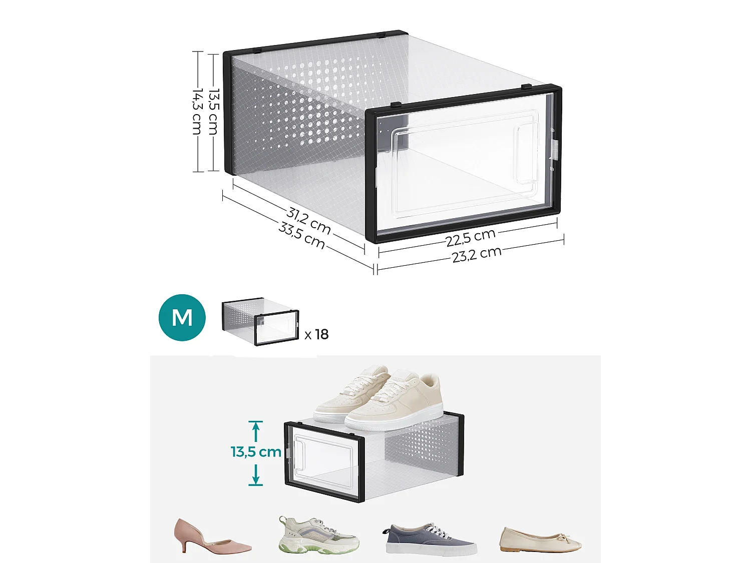 Boîte à chaussures en plastique 33,5x23,2x14,3 cm noire