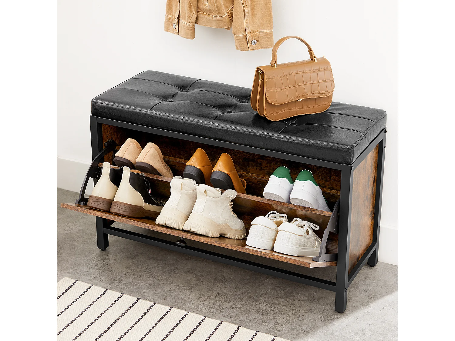 Ławka na buty 80x30x51 cm czarna vintage brązowa