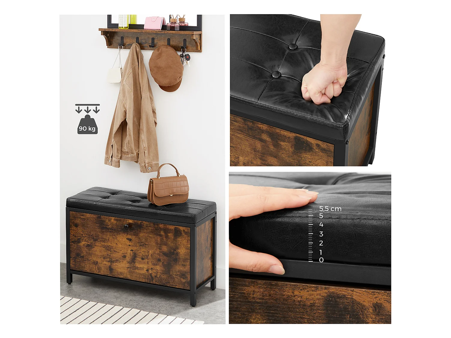 Ławka na buty 80x30x51 cm czarna vintage brązowa