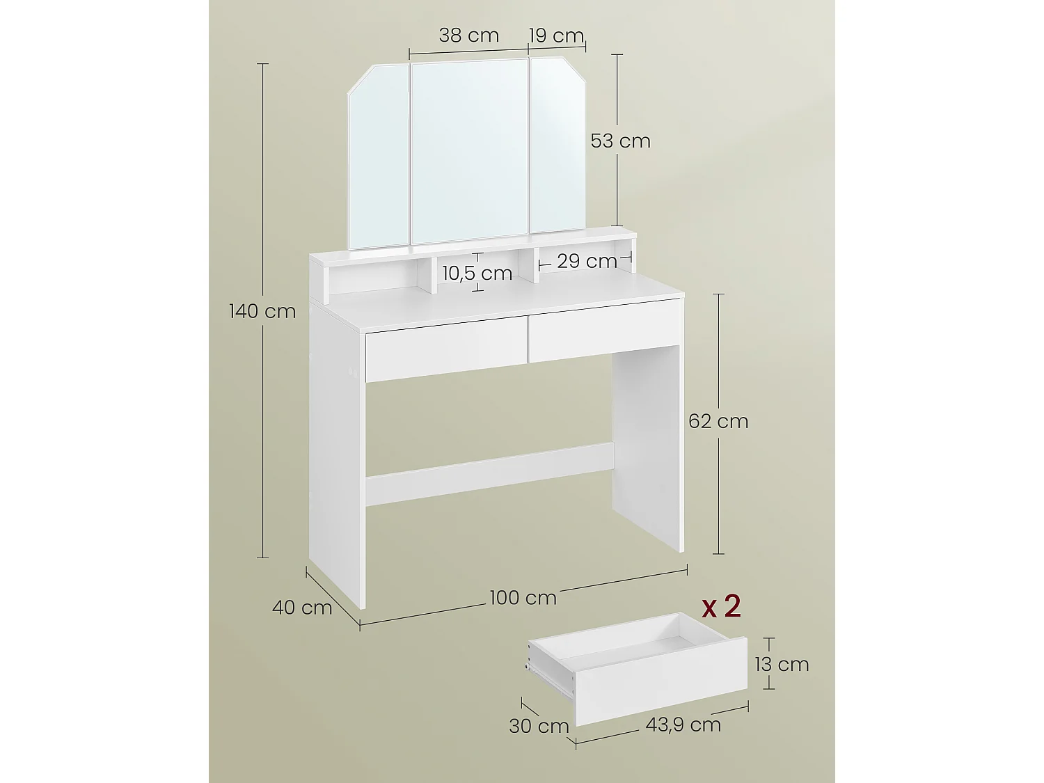 Coiffeuse 100x40x142 cm blanche