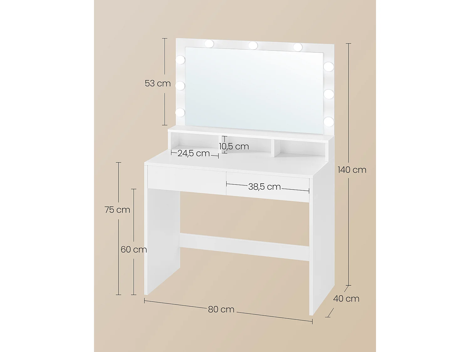 Toiletbord, 80x40x140 cm, Hvid