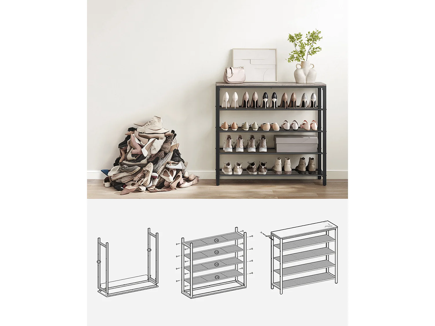 Étagère à chaussures 100x30x92,5 cm blanc noir Indestic