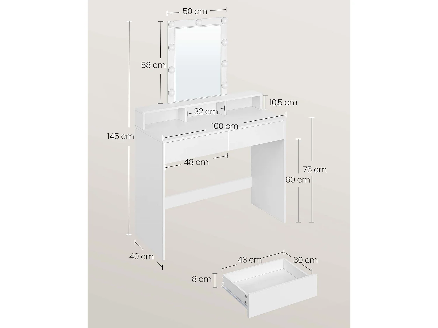 Coiffeuse 100x40x145 cm blanche