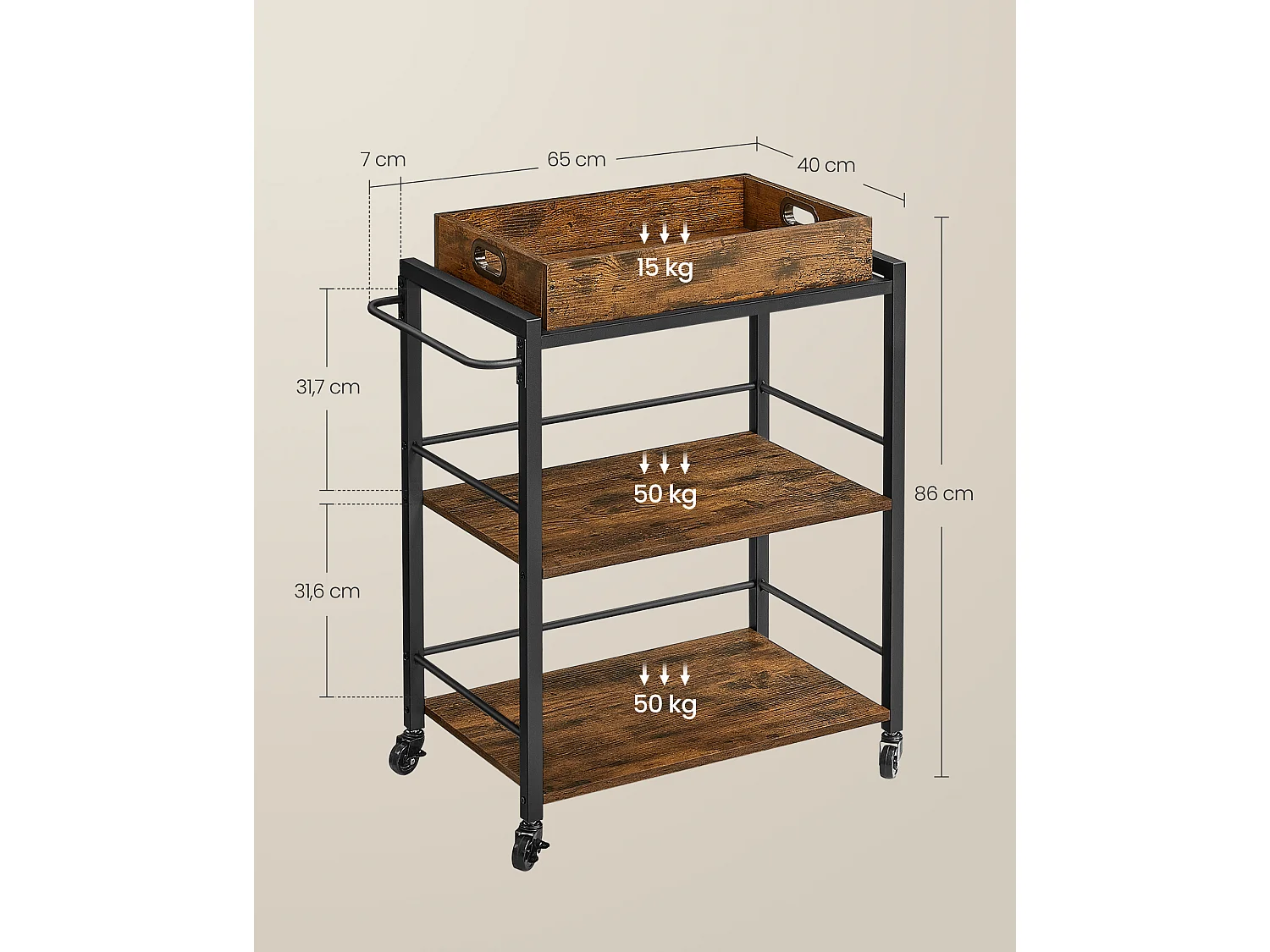 Desserte de cuisine 65x40x86 cm brun rustique LRC72X