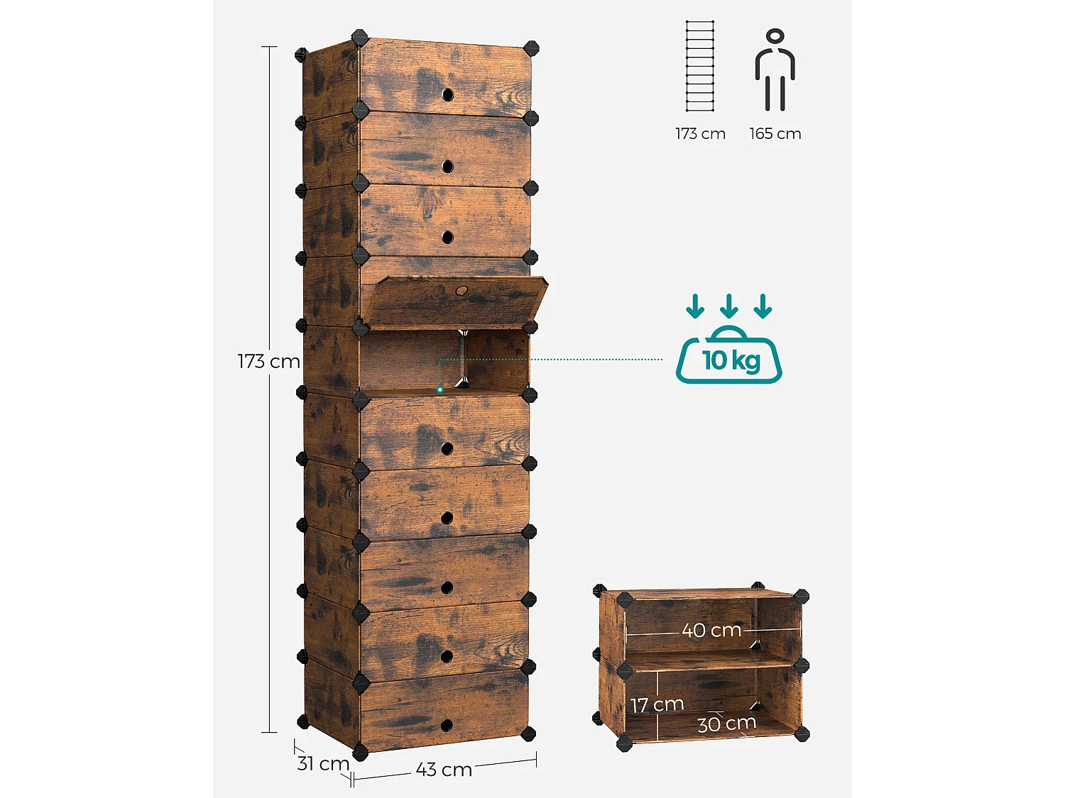 Étagère à chaussures 43x31x173 cm or noir plastique rangement cube