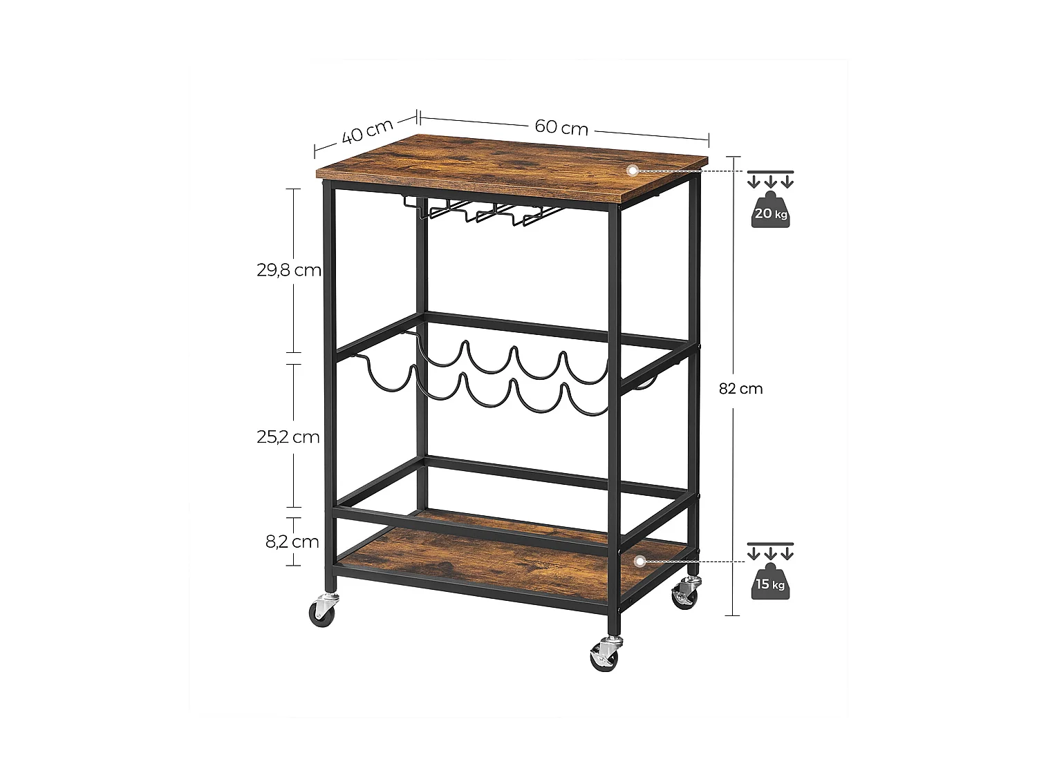 Wózek kuchenny 60x40x75 cm czarny vintage brąz