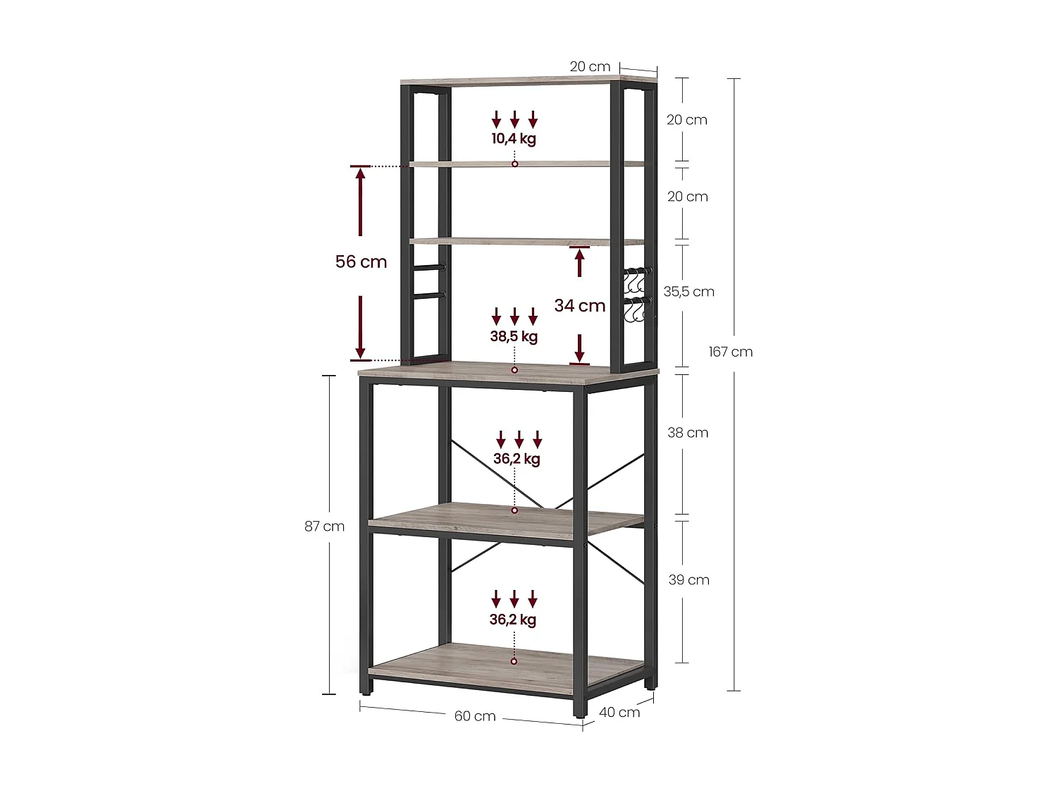 Étagère de cuisine 40x60x167 cm greige moucheté encre noire