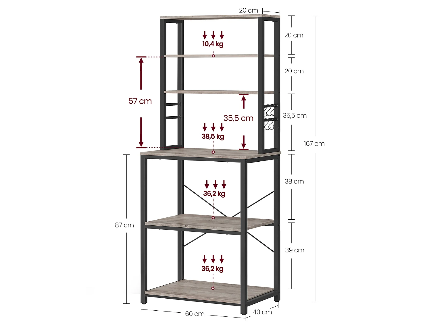 Kitchen shelf 40x60x167 cm greige mottled ink black