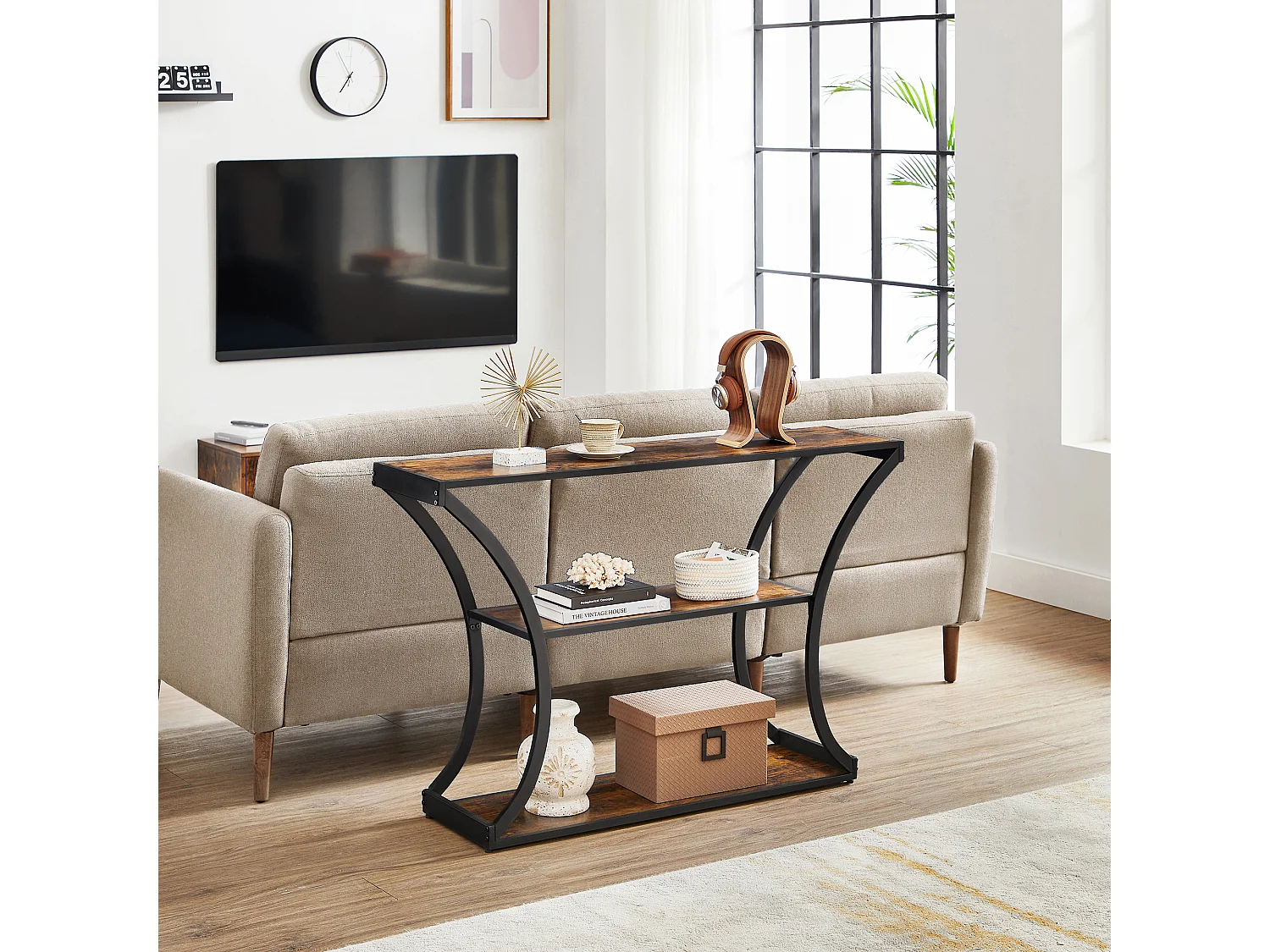 Console, 120x30x80 cm, Noir, Vintage Marron,