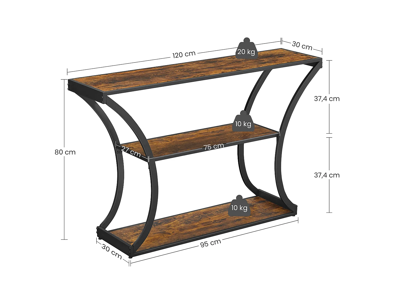 Console, 120x30x80 cm, Noir, Vintage Marron,