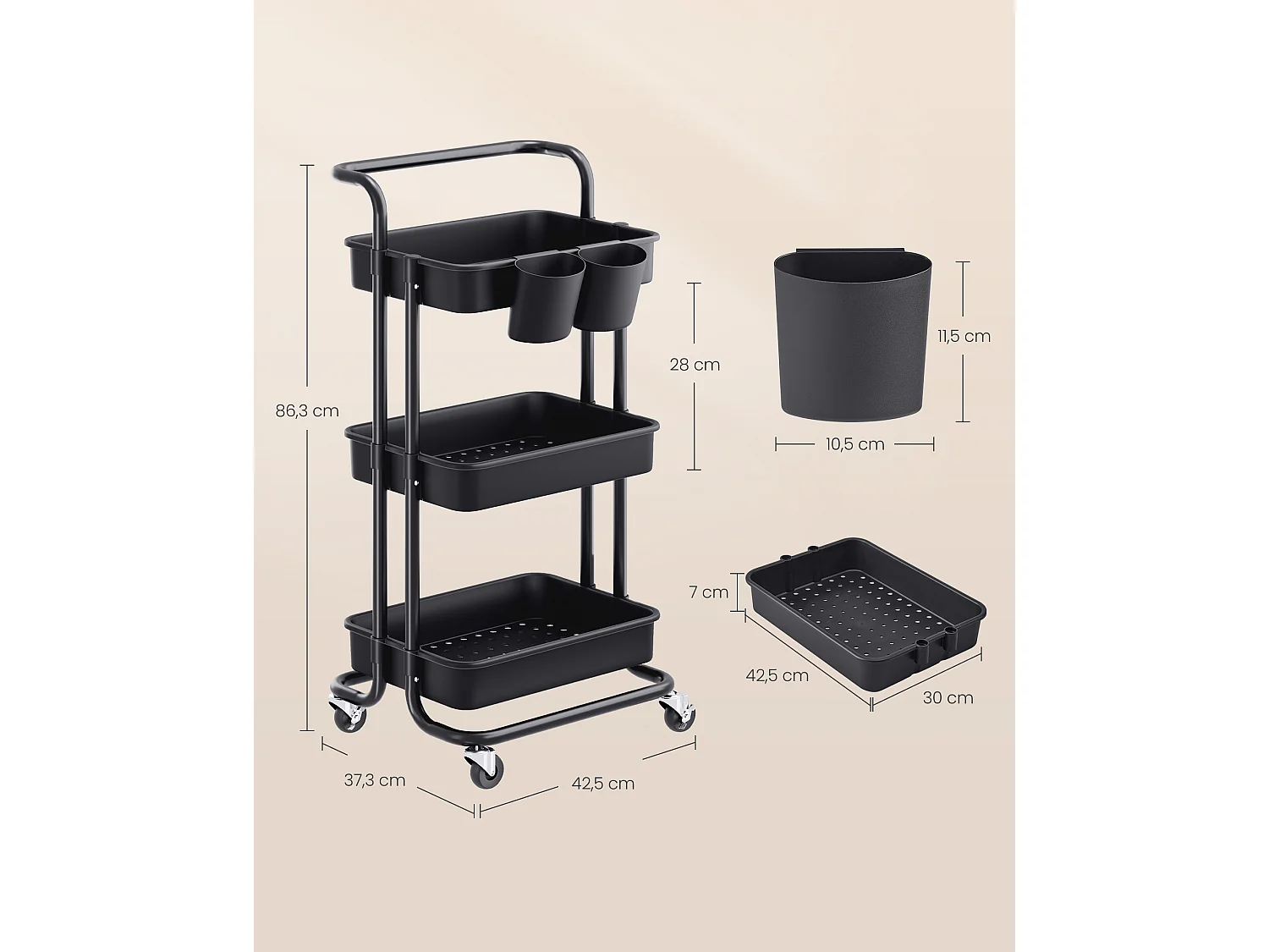 Rollwagen 41,6x33,5x86,3 cm schwarz