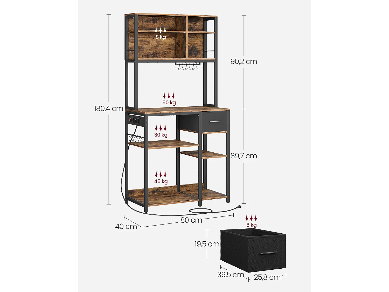 Étagère de cuisine 40x80x180,2 cm, étagère de boulanger marron et noire