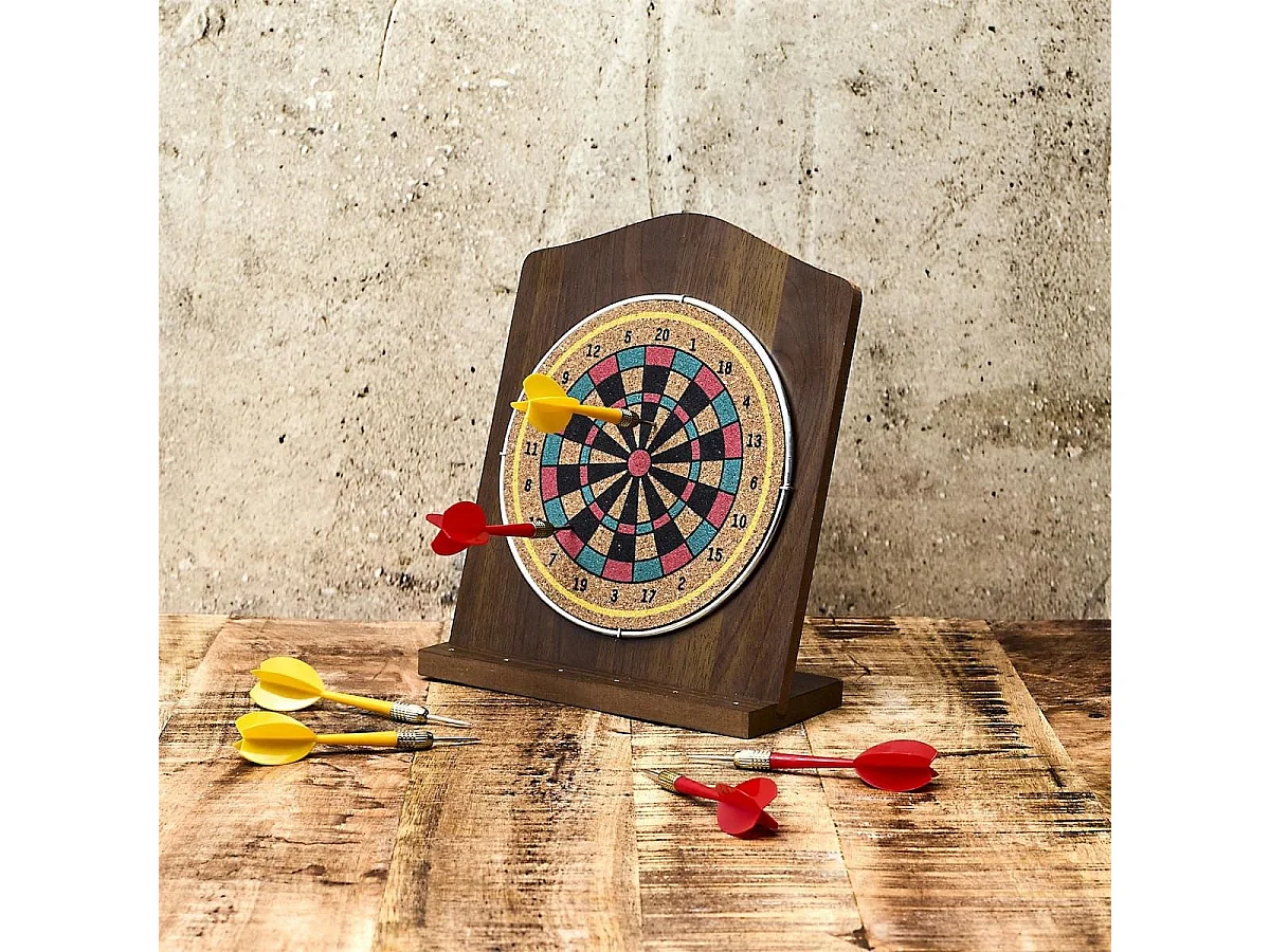 Jeu de fléchettes en bois sur pied avec ses 6 fléchettes jaunes et rouges incluses