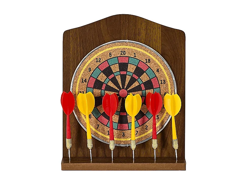 Jeu de fléchettes en bois sur pied avec ses 6 fléchettes jaunes et rouges incluses