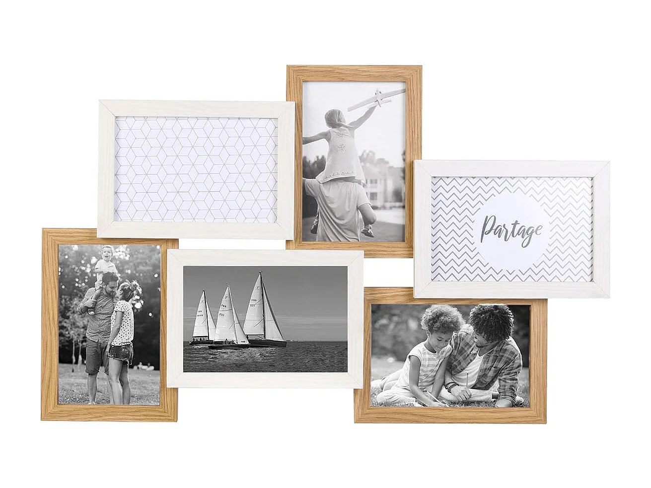 Pêle-mêle 6 Cadres Photo Effet Bois Naturel et Blanc - BATYIA