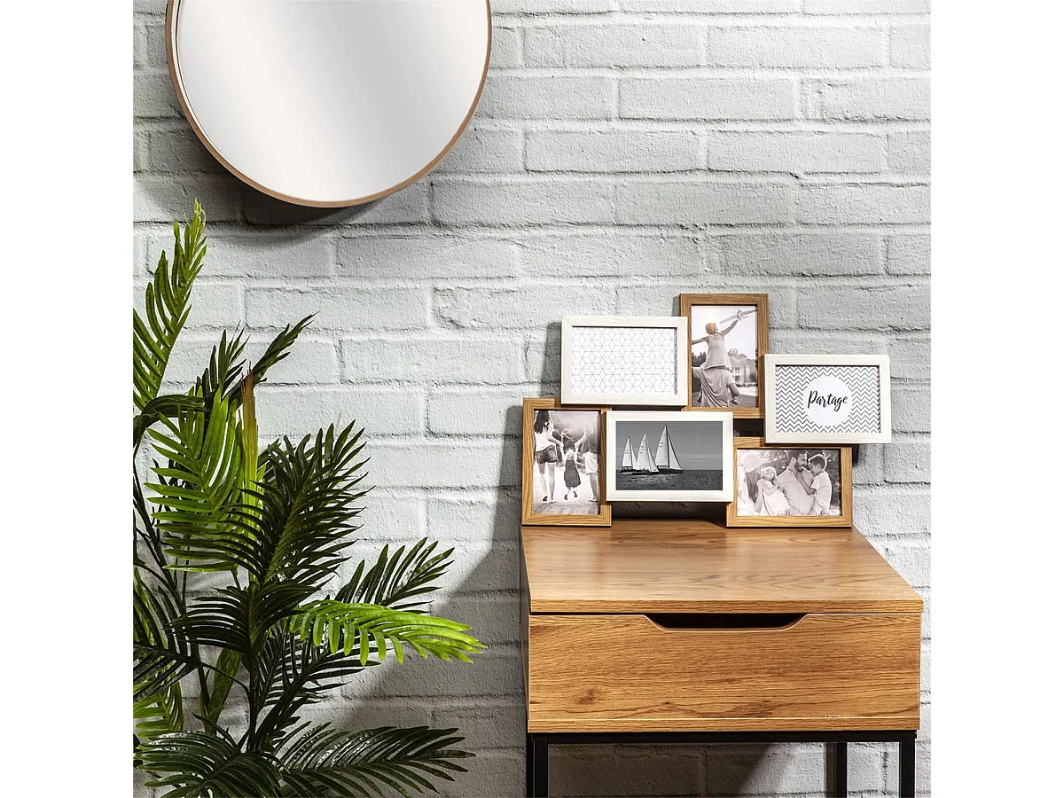 Pêle-mêle 6 Cadres Photo Effet Bois Naturel et Blanc - BATYIA