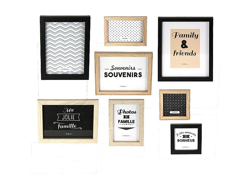 Set de 8 Cadres Photo Effet Bois Naturel et Noir - BANIST