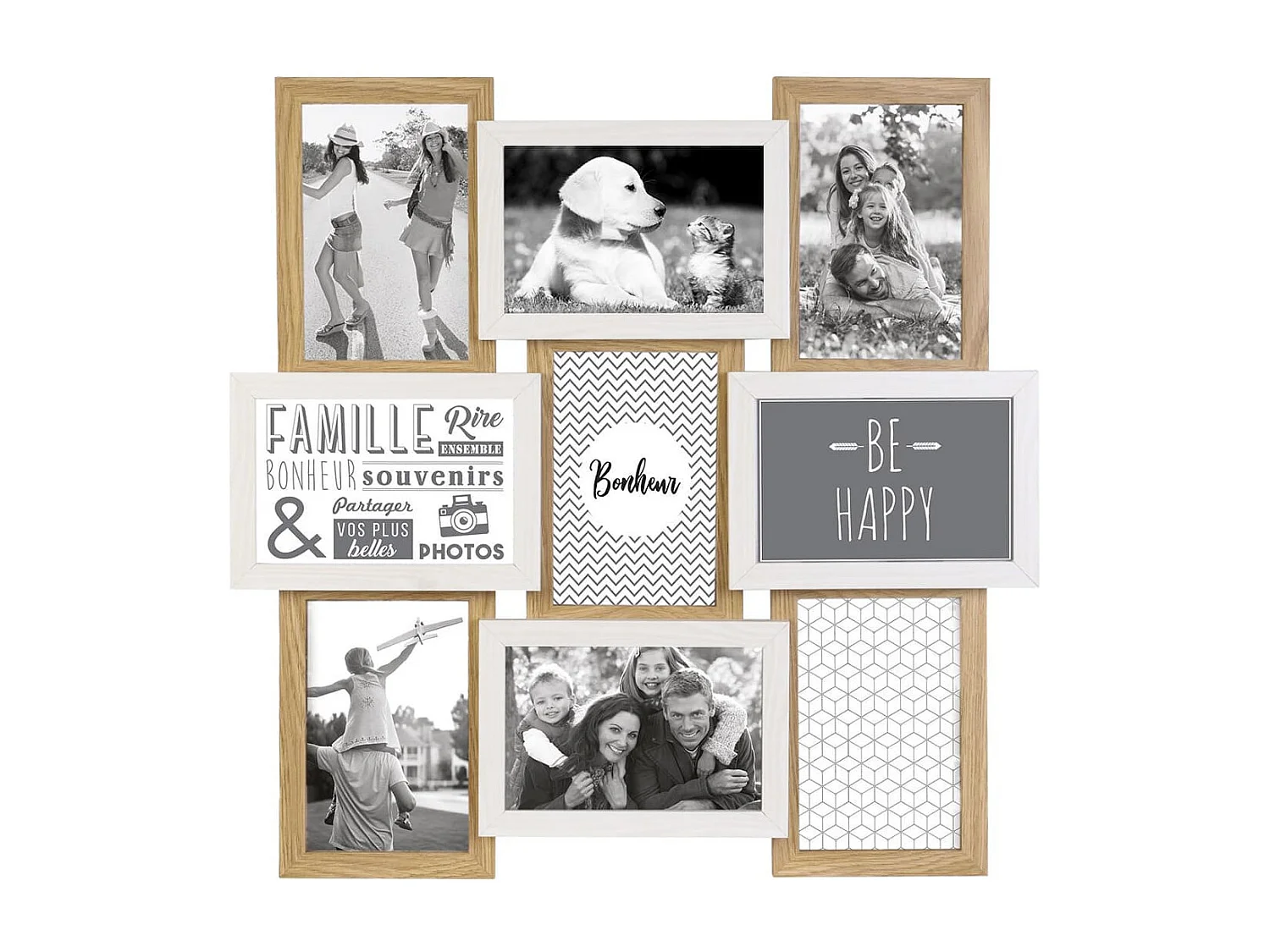 Pêle-mêle 9 Cadres Photo Effet Bois Naturel et Blanc - BATYIA