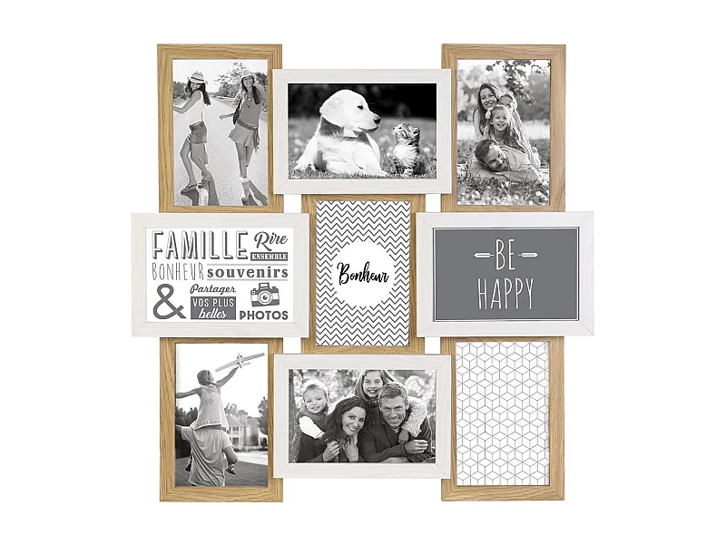Pêle-mêle 9 Cadres Photo Effet Bois Naturel et Blanc - BATYIA