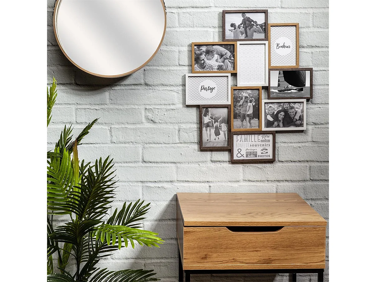 Pêle-mêle 10 Cadres Photo Effet Bois Naturel Blanc et Gris - VASLIA