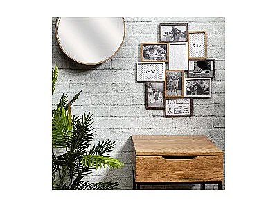 Pêle-mêle 10 Cadres Photo Effet Bois Naturel Blanc et Gris - VASLIA