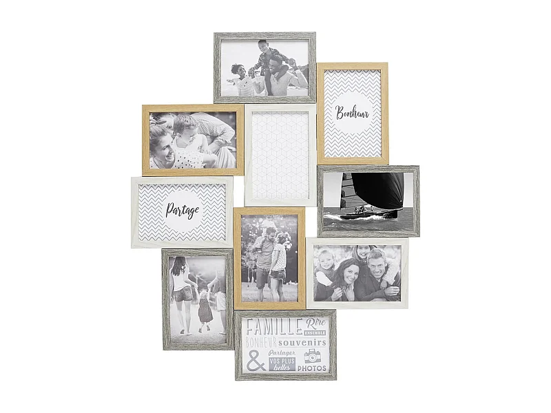 Pêle-mêle 10 Cadres Photo Effet Bois Naturel Blanc et Gris - VASLIA