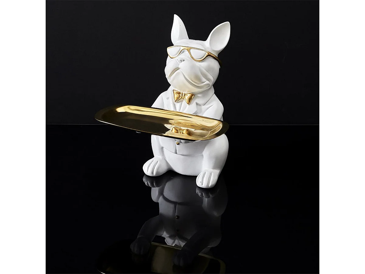 Vide-Poche Bulldog Blanc et Or Plateau Servi - MANIA