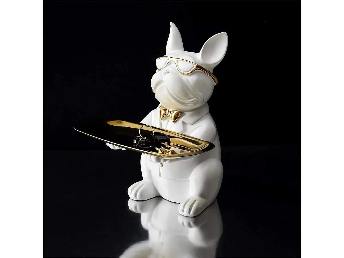 Vide-Poche Bulldog Blanc et Or Plateau Servi - MANIA