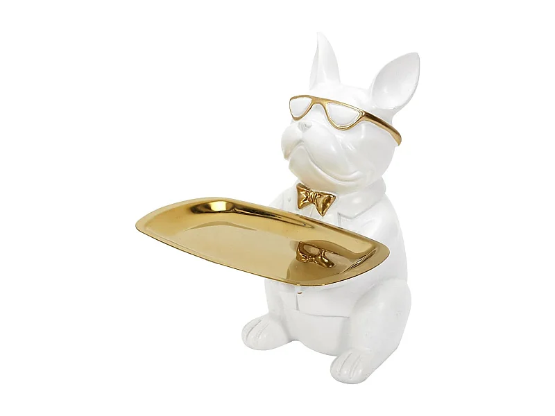 Vide-Poche Bulldog Blanc et Or Plateau Servi - MANIA