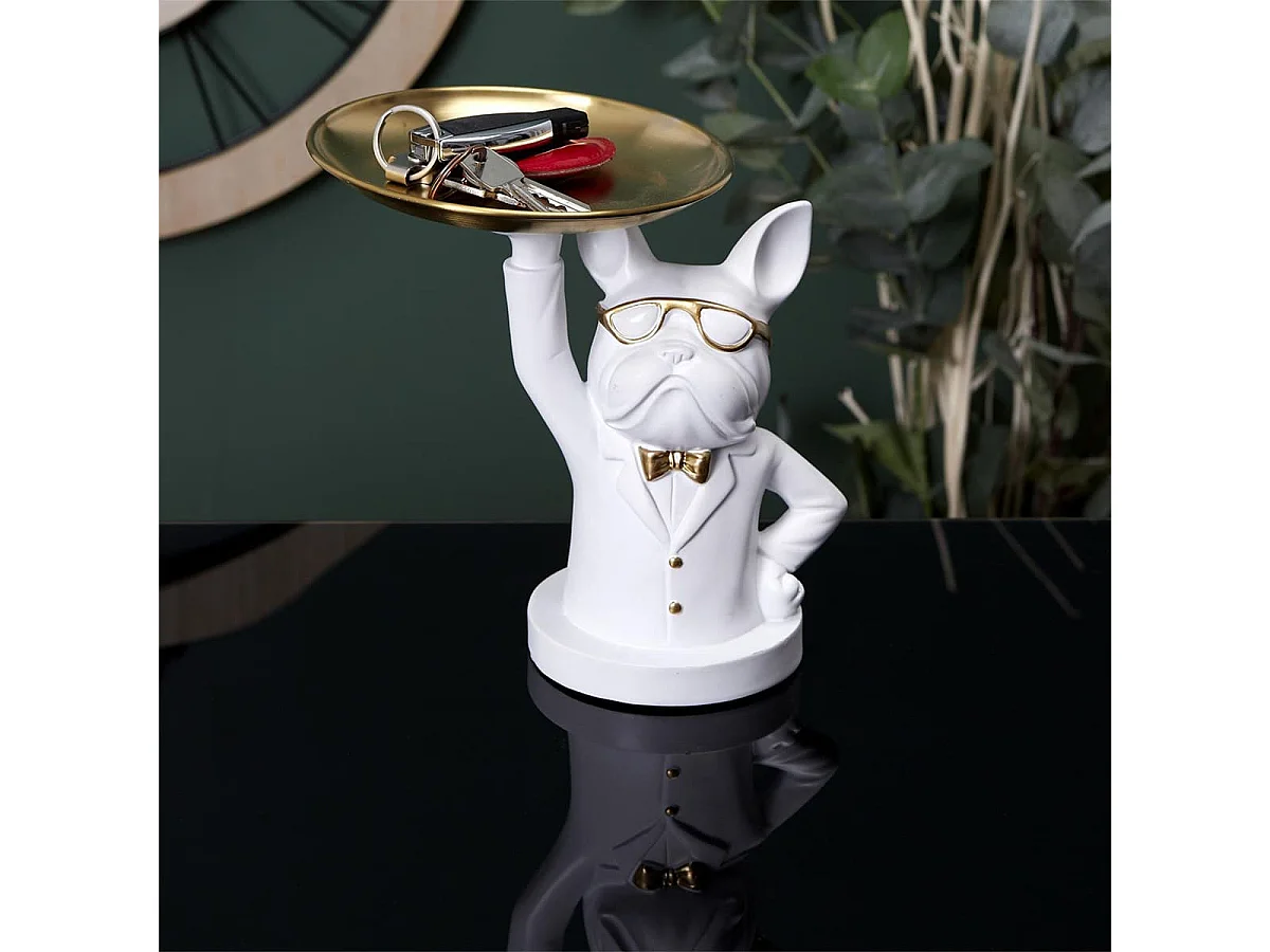 Vide-Poche Bulldog Blanc et Or Plateau en L'air - MANIA