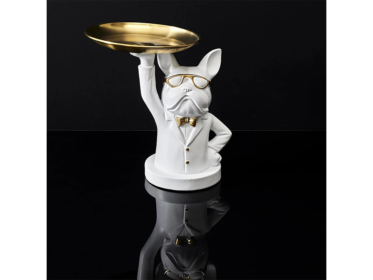 Vide-Poche Bulldog Blanc et Or Plateau en L'air - MANIA